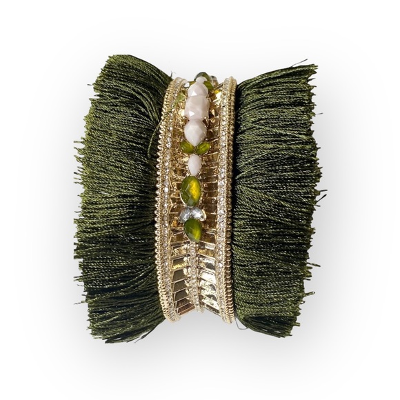 new Jenny Packham ❀ Chic Fringed Crystal Gemstones Cuff ❀ Gold + Olive Green ❀ - Picture 9 of 17